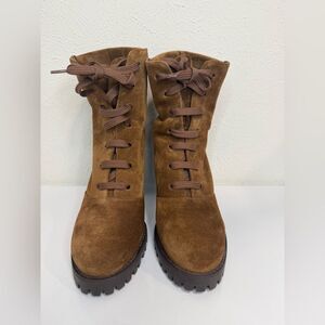 Stuart Weitzman Cyler Suede High-Heel Lace-Up Ankle Boots – Brown – Size 7